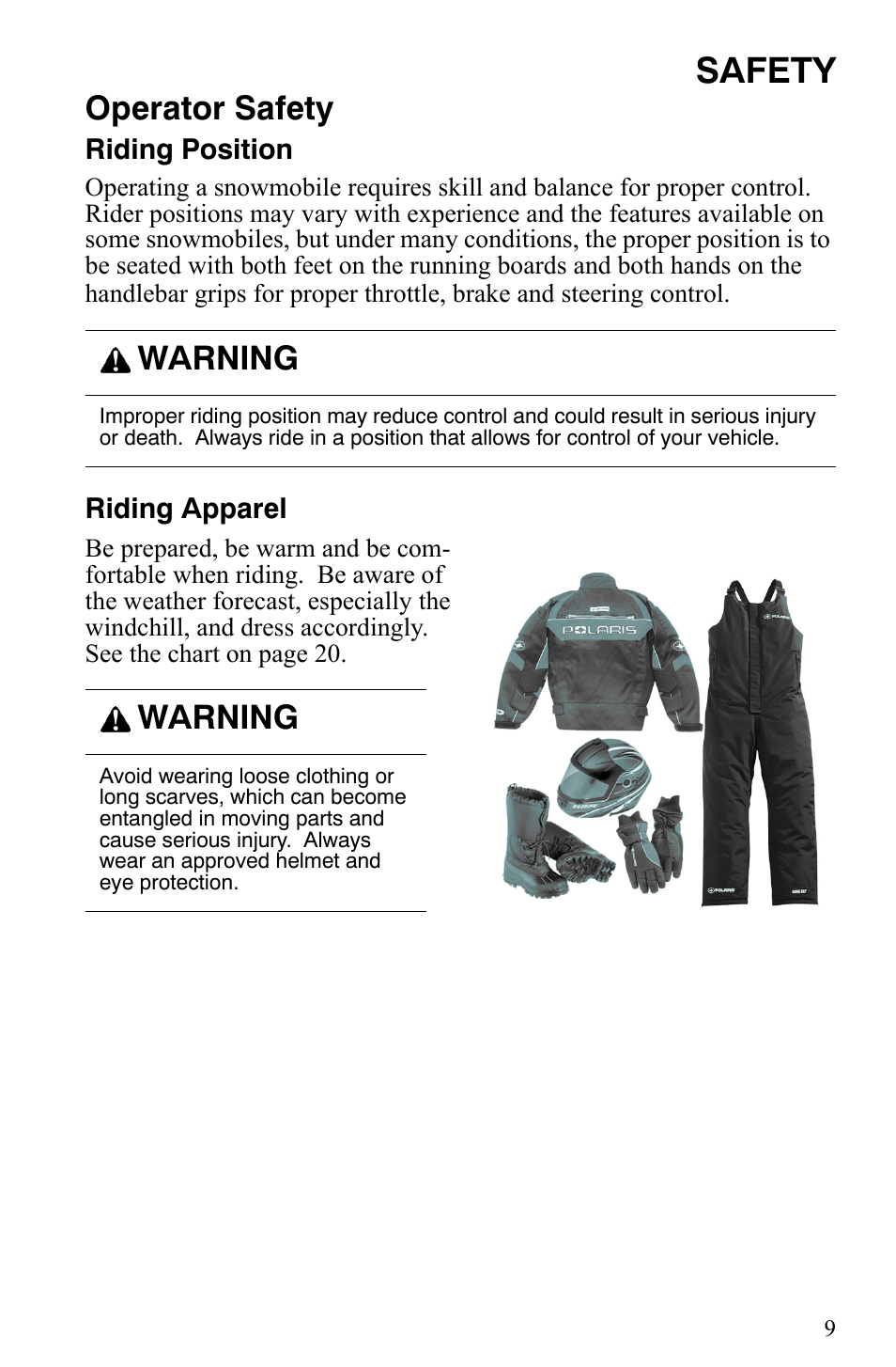 Safety, Operator safety, Warning | Polaris 600 Fusion User Manual | Page 12 / 145