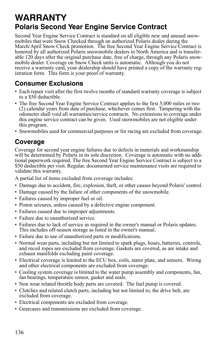 Warranty, Polaris second year engine service contract, Consumer exclusions | Coverage | Polaris 600 Fusion User Manual | Page 139 / 145