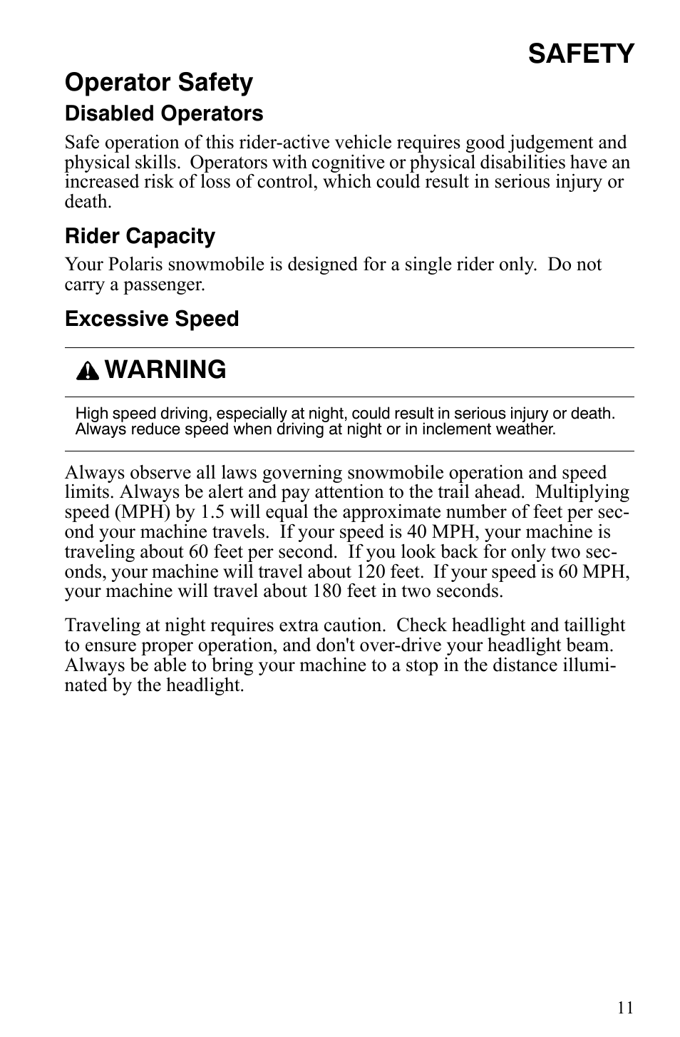 Safety, Operator safety, Warning | Polaris 600 Fusion User Manual | Page 14 / 145