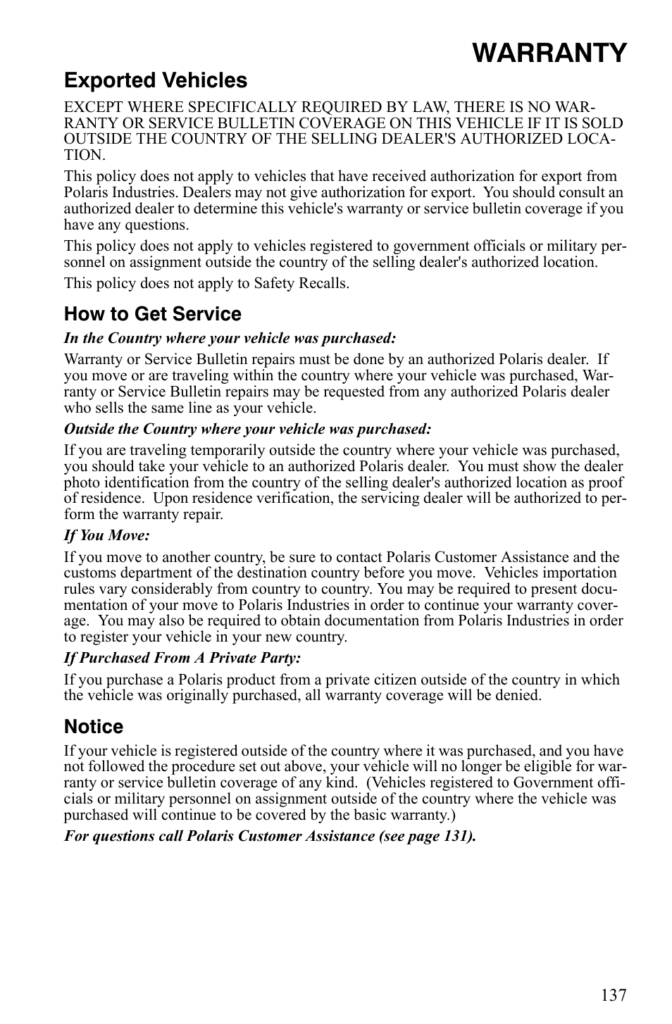 Warranty, Exported vehicles, How to get service | Notice | Polaris 600 Fusion User Manual | Page 140 / 145