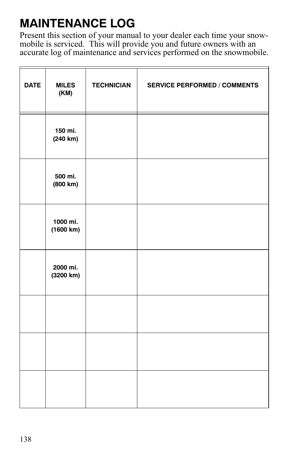 Maintenance log | Polaris 600 Fusion User Manual | Page 141 / 145