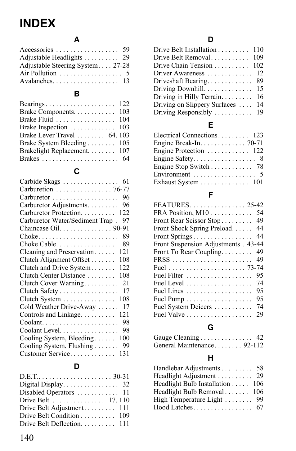 Index | Polaris 600 Fusion User Manual | Page 143 / 145