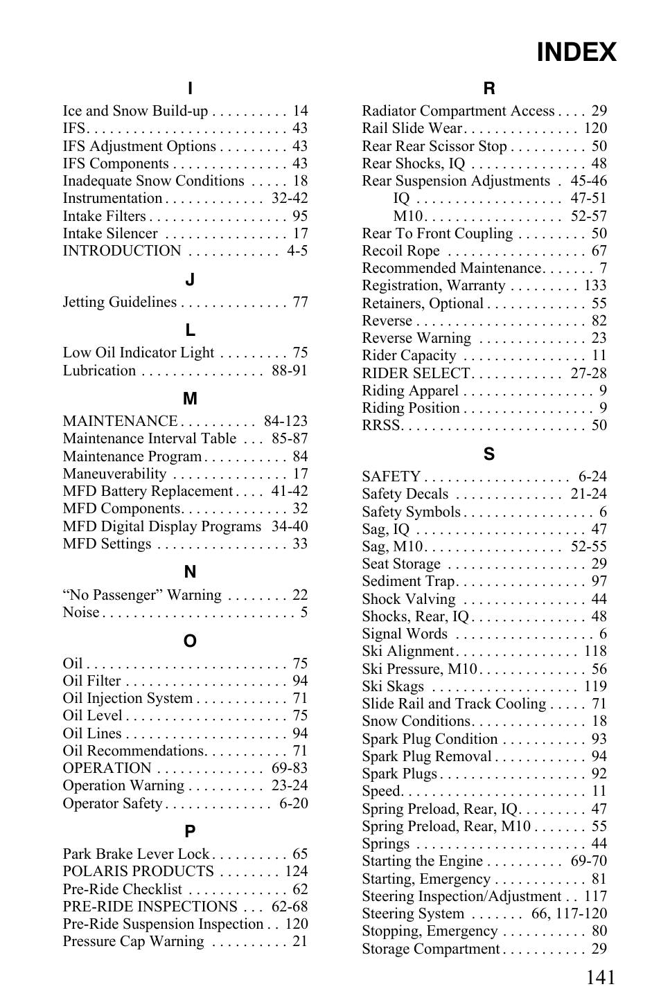 Index | Polaris 600 Fusion User Manual | Page 144 / 145