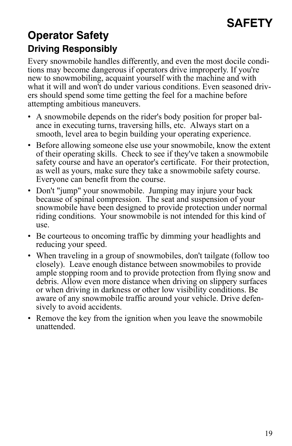 Safety, Operator safety | Polaris 600 Fusion User Manual | Page 22 / 145