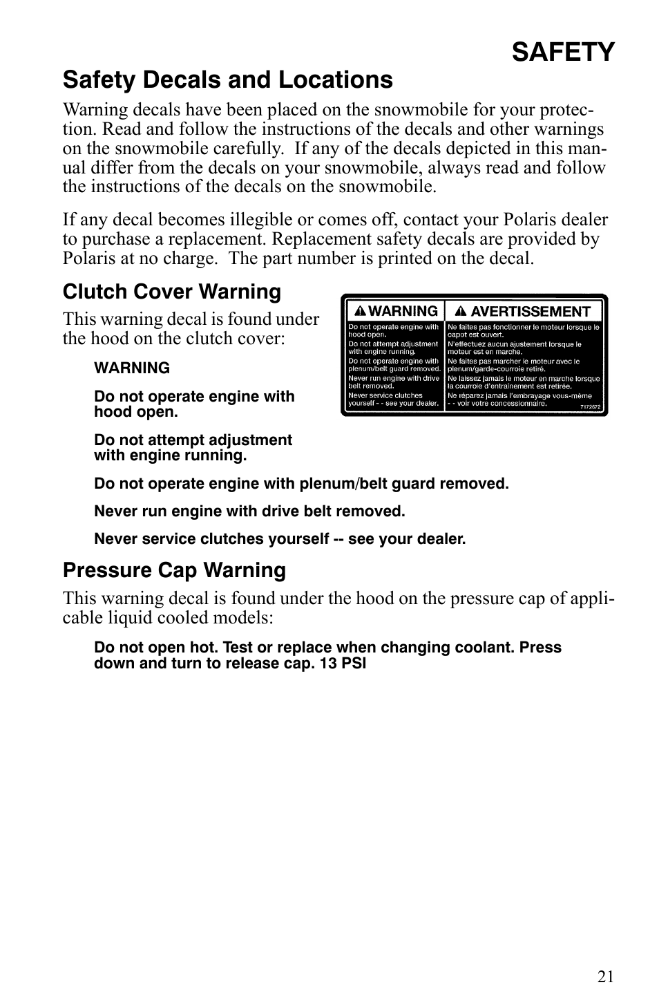 Safety, Safety decals and locations | Polaris 600 Fusion User Manual | Page 24 / 145