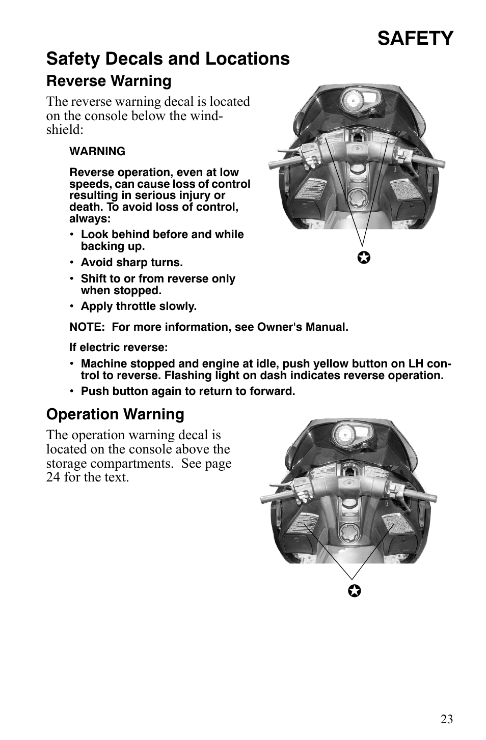 Safety, Safety decals and locations, Reverse warning | Operation warning | Polaris 600 Fusion User Manual | Page 26 / 145