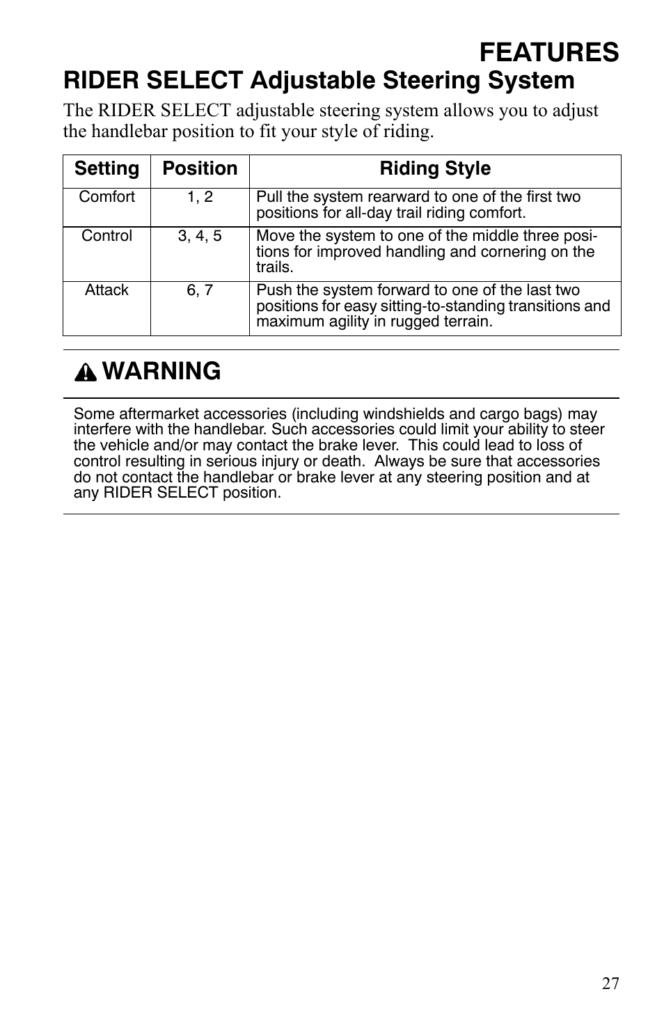Features, Rider select adjustable steering system, Warning | Polaris 600 Fusion User Manual | Page 30 / 145