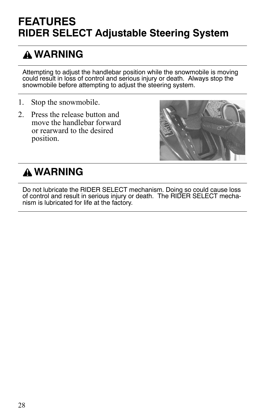 Features, Rider select adjustable steering system, Warning | Polaris 600 Fusion User Manual | Page 31 / 145