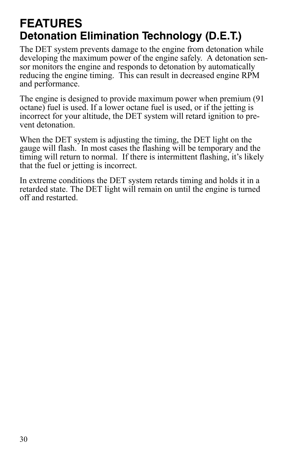 Features, Detonation elimination technology (d.e.t.) | Polaris 600 Fusion User Manual | Page 33 / 145