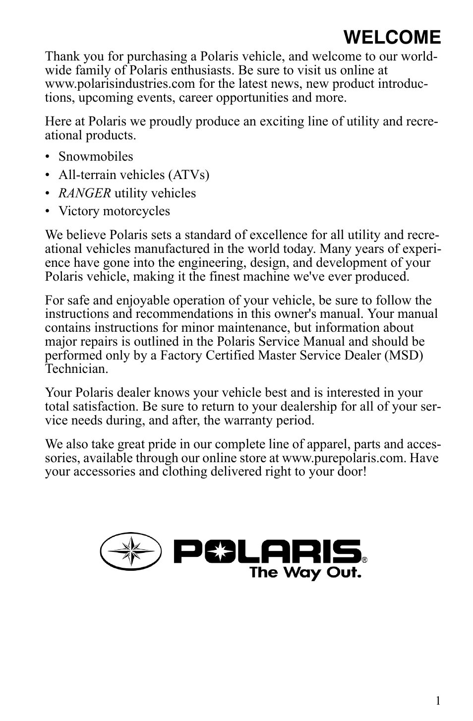 Welcome | Polaris 600 Fusion User Manual | Page 4 / 145