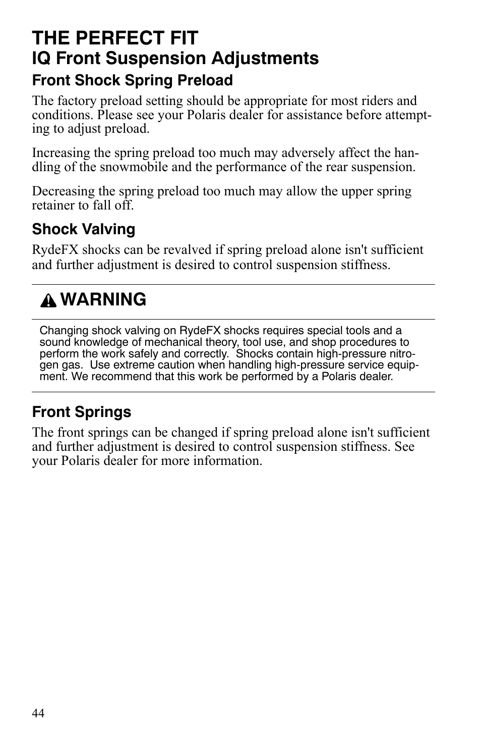 The perfect fit, Iq front suspension adjustments, Warning | Polaris 600 Fusion User Manual | Page 47 / 145