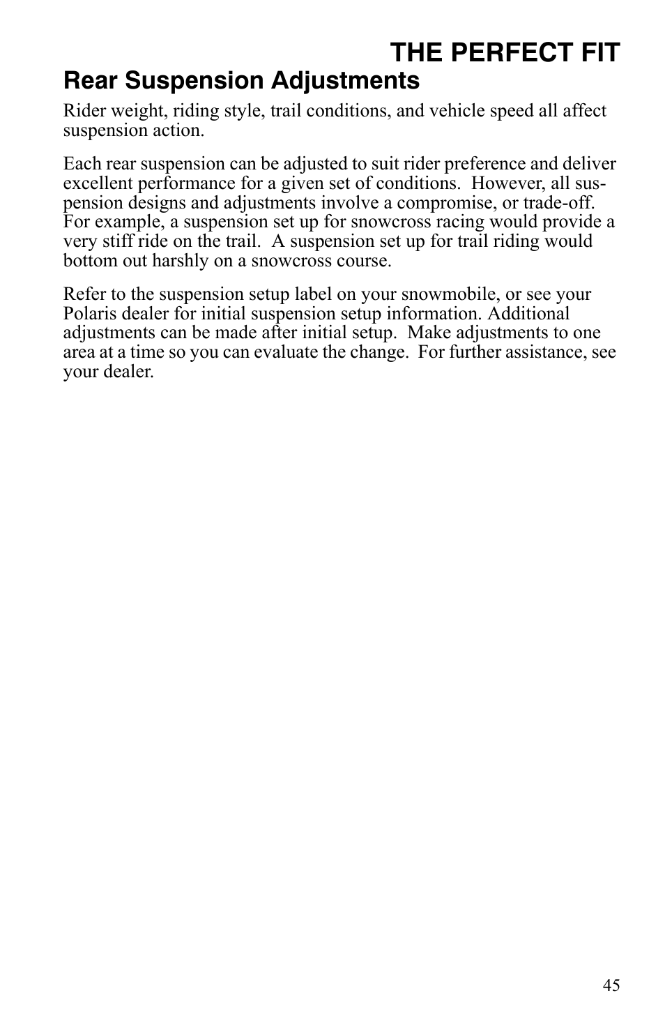 The perfect fit, Rear suspension adjustments | Polaris 600 Fusion User Manual | Page 48 / 145