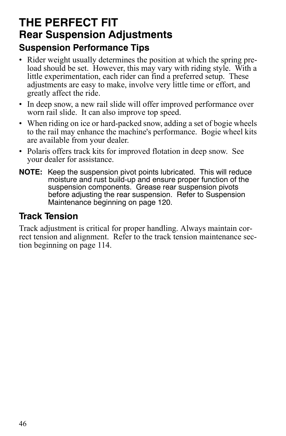 The perfect fit, Rear suspension adjustments | Polaris 600 Fusion User Manual | Page 49 / 145