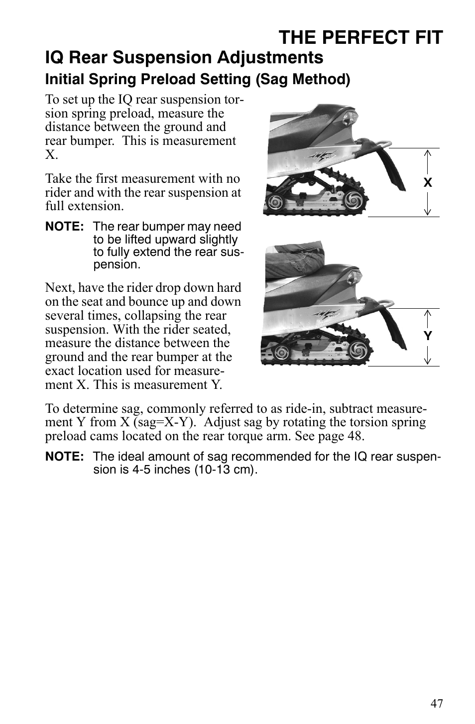 The perfect fit, Iq rear suspension adjustments | Polaris 600 Fusion User Manual | Page 50 / 145