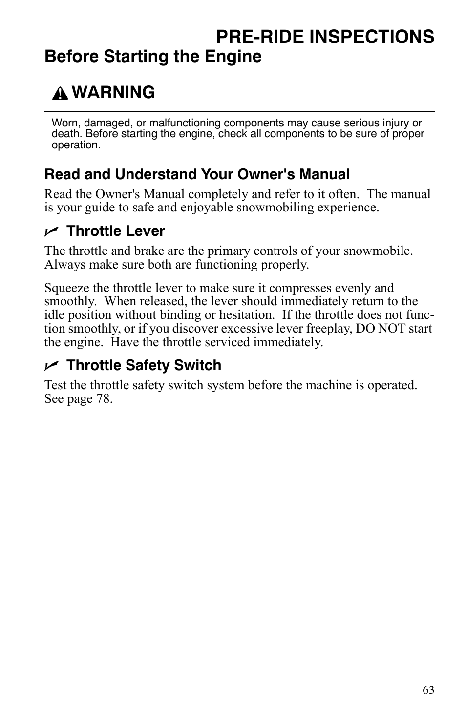 Pre-ride inspections, Before starting the engine, Warning | Polaris 600 Fusion User Manual | Page 66 / 145