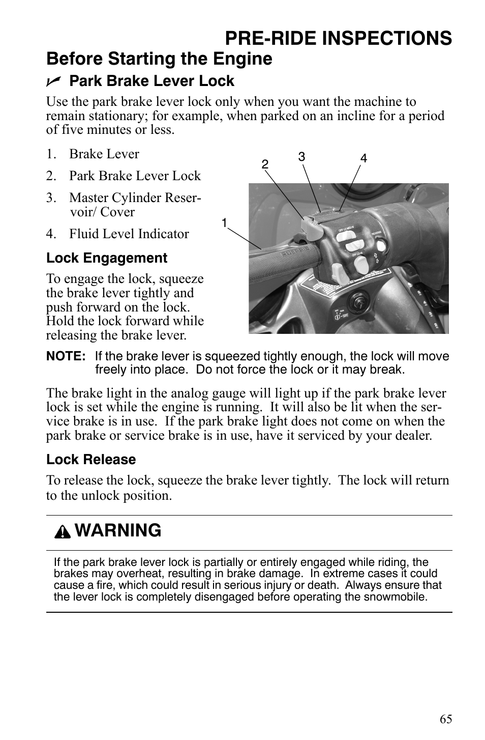 Pre-ride inspections, Before starting the engine, Warning | Polaris 600 Fusion User Manual | Page 68 / 145