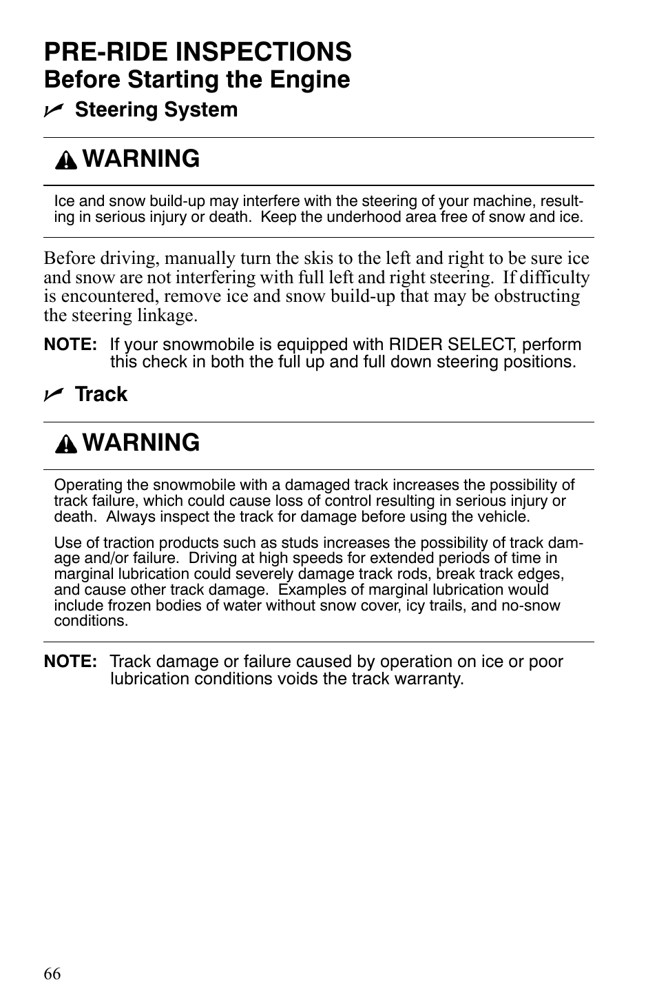 Pre-ride inspections, Before starting the engine, Warning | Nsteering system, Ntrack | Polaris 600 Fusion User Manual | Page 69 / 145
