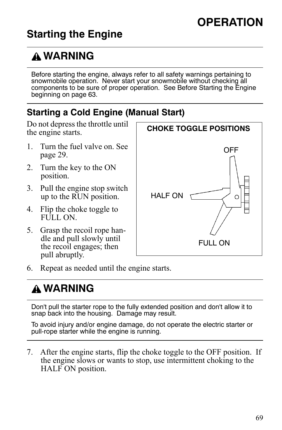 Operation, Starting the engine, Warning | Polaris 600 Fusion User Manual | Page 72 / 145