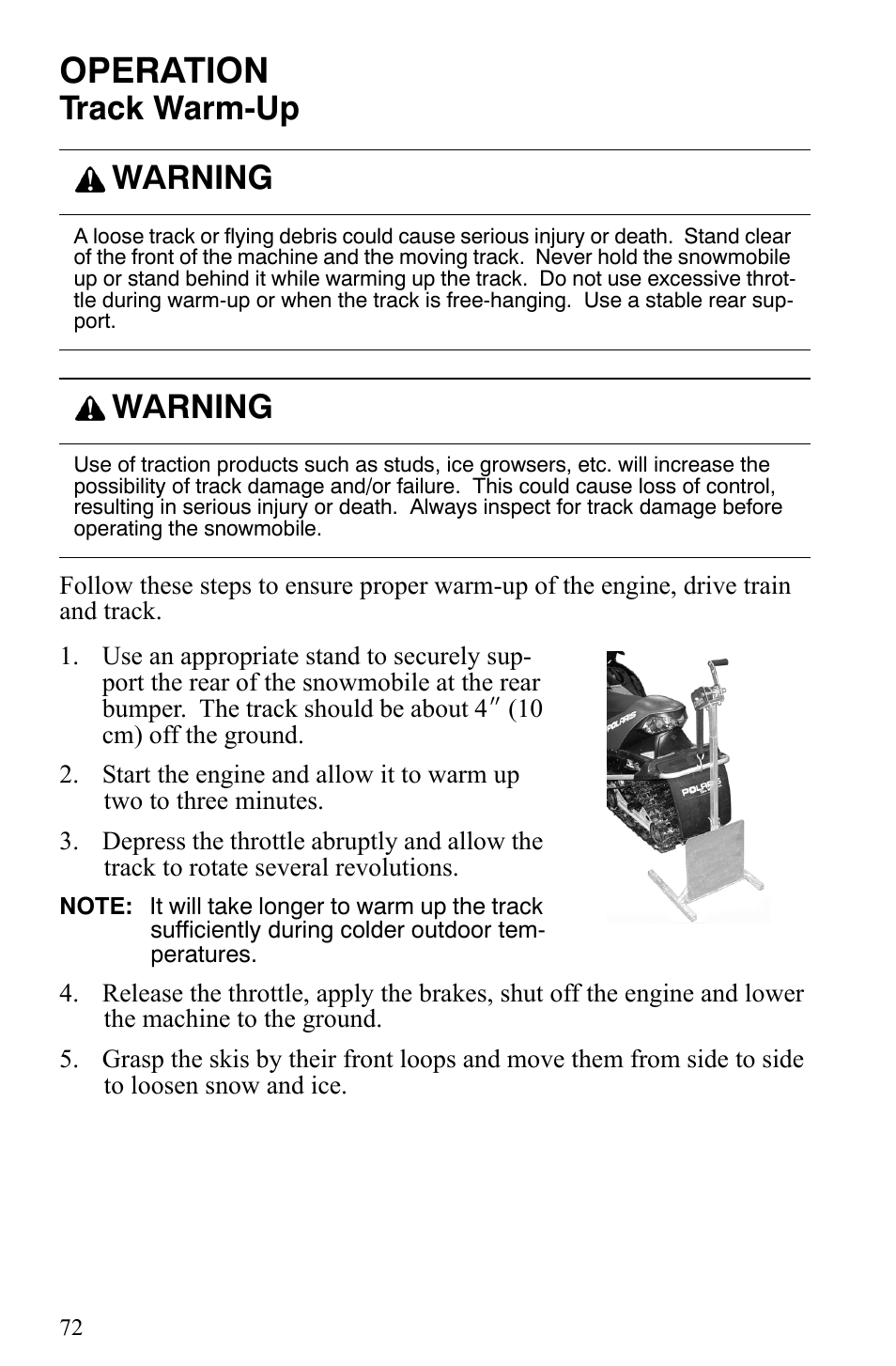 Operation, Track warm-up, Warning | Polaris 600 Fusion User Manual | Page 75 / 145