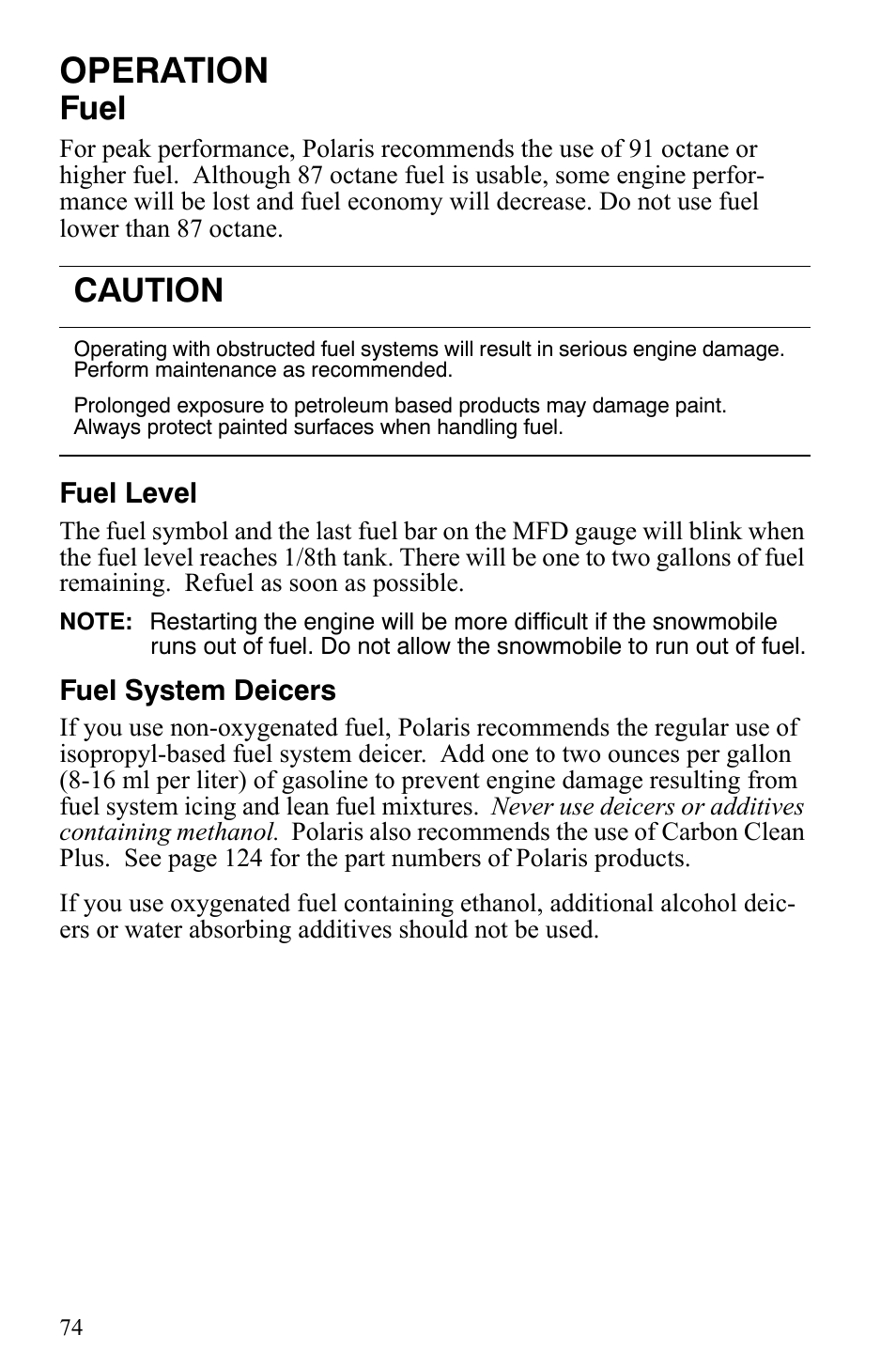 Operation, Fuel, Caution | Polaris 600 Fusion User Manual | Page 77 / 145