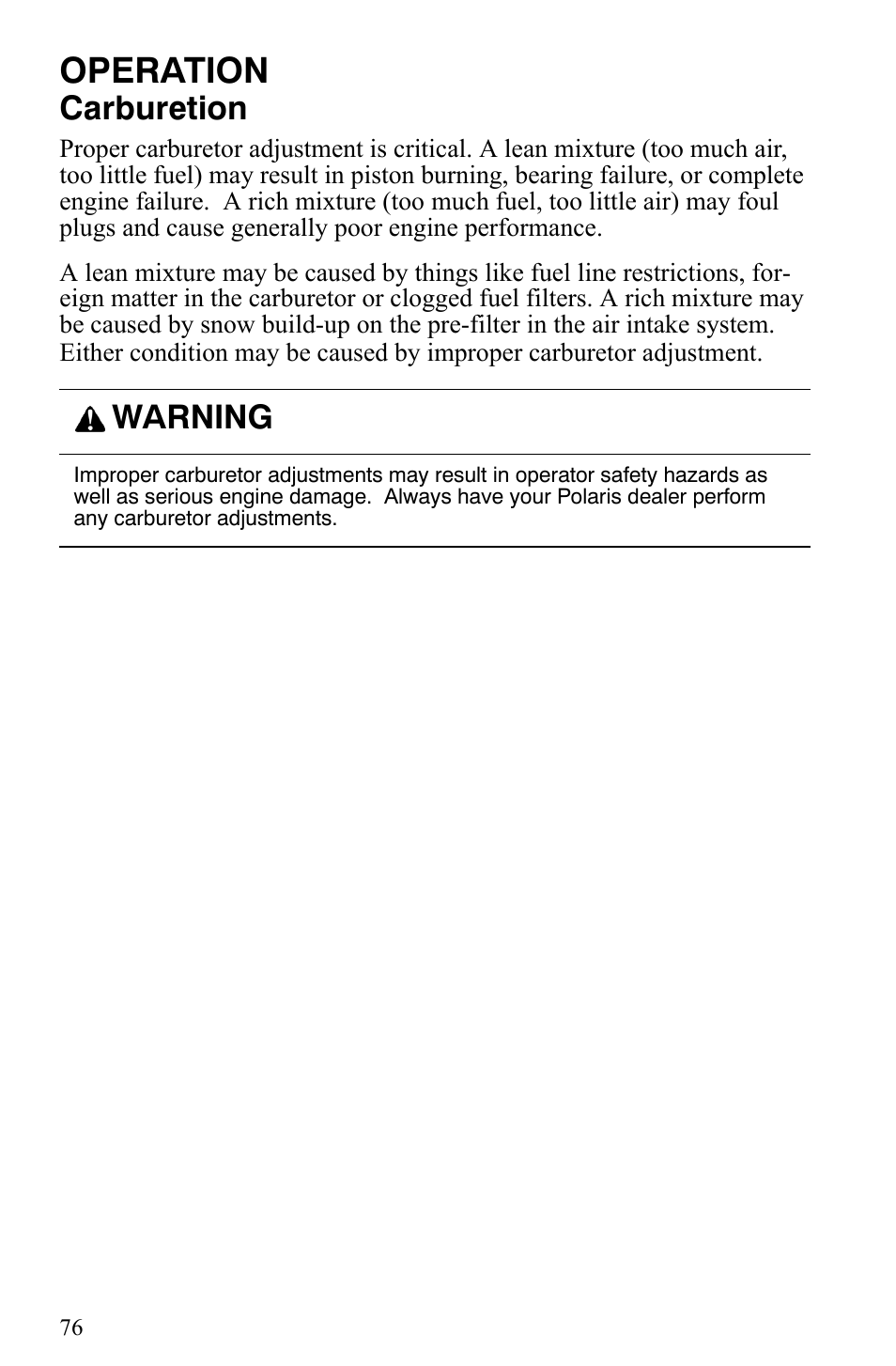 Operation, Carburetion, Warning | Polaris 600 Fusion User Manual | Page 79 / 145