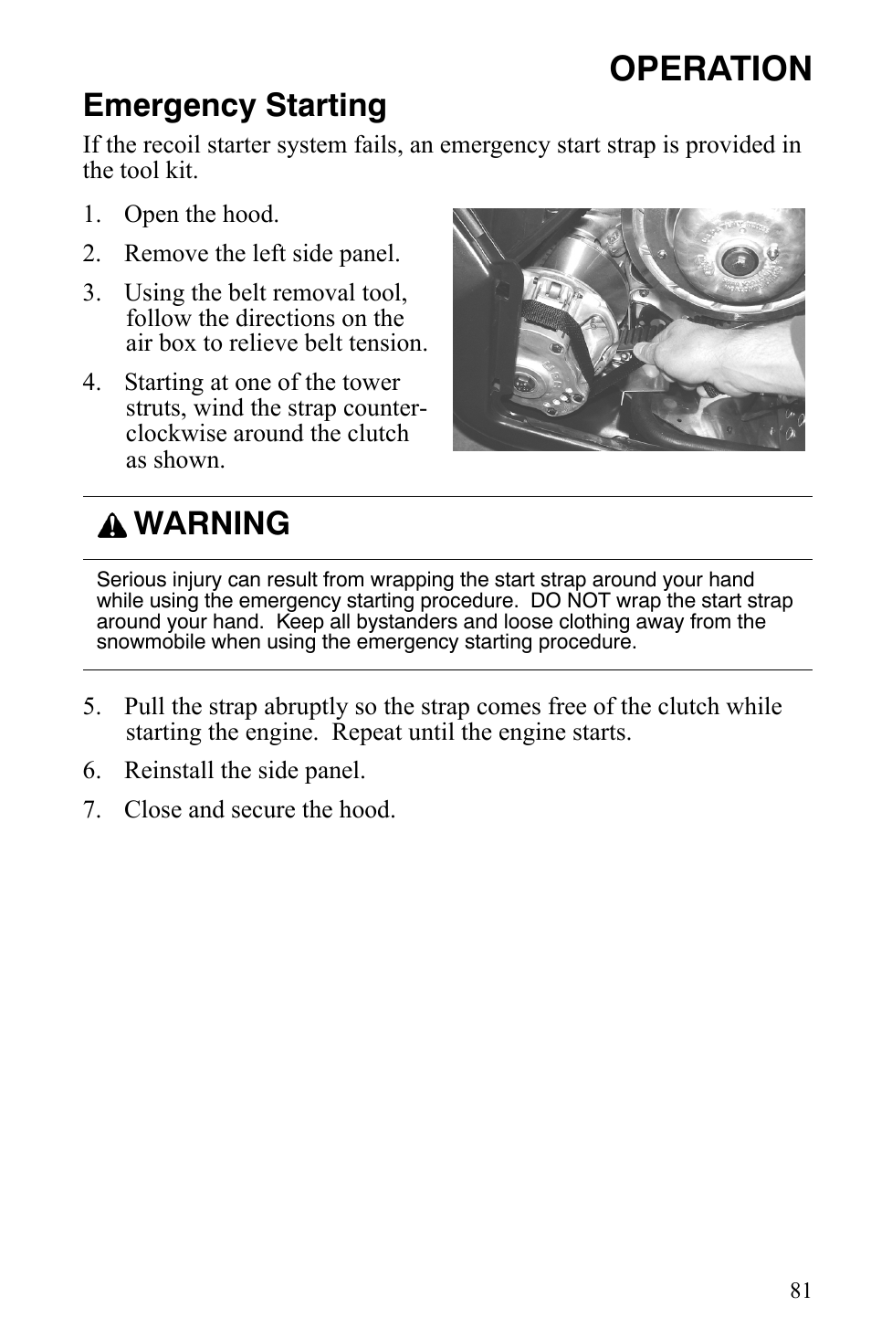 Operation, Emergency starting, Warning | Polaris 600 Fusion User Manual | Page 84 / 145