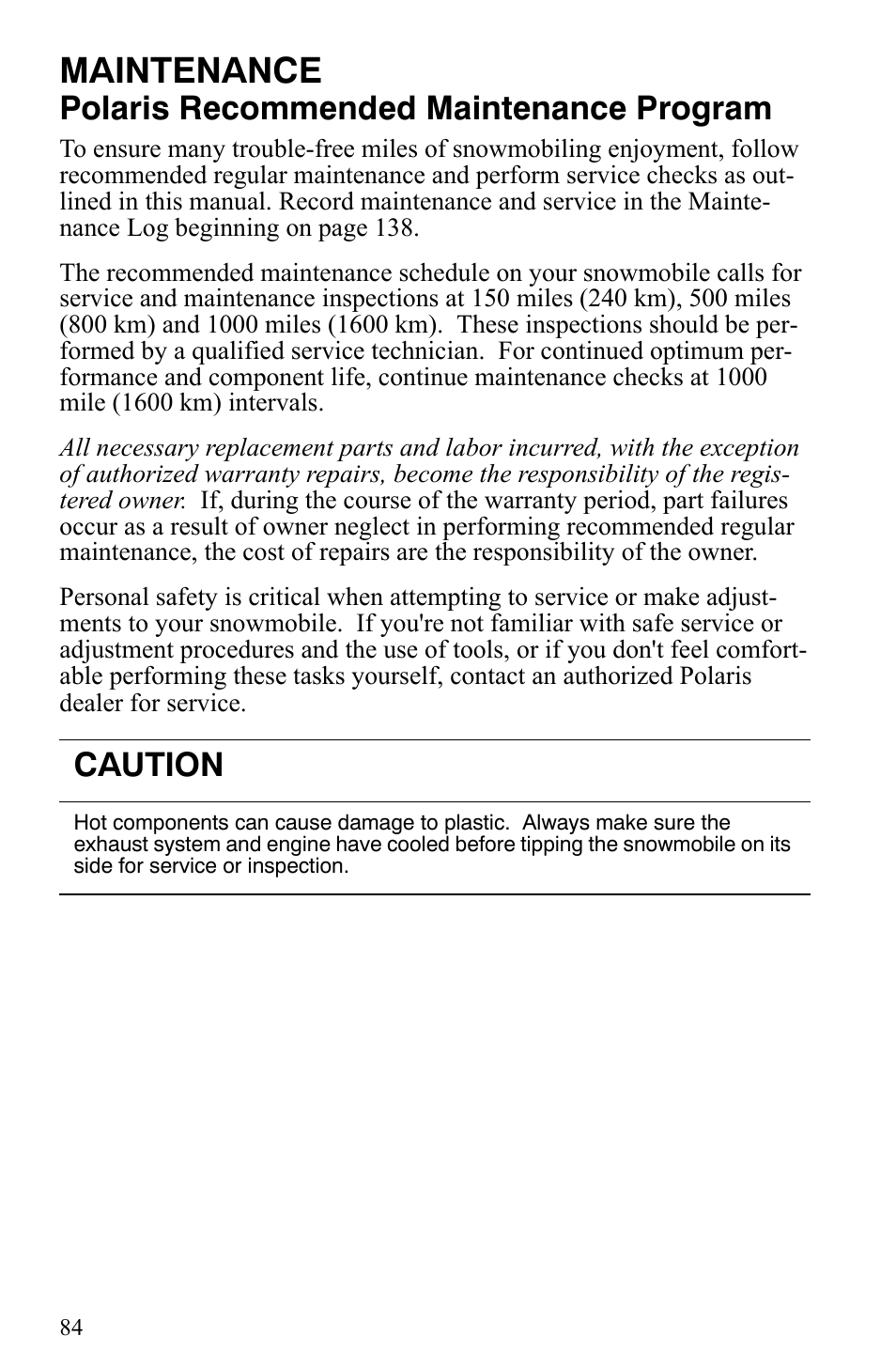 Maintenance, Polaris recommended maintenance program, Caution | Polaris 600 Fusion User Manual | Page 87 / 145
