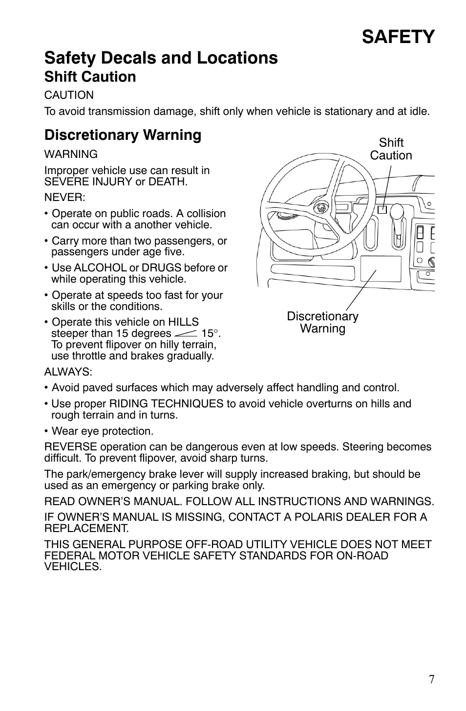 Safety, Safety decals and locations, Shift caution | Discretionary warning | Polaris 4X4 500 EFI User Manual | Page 10 / 124