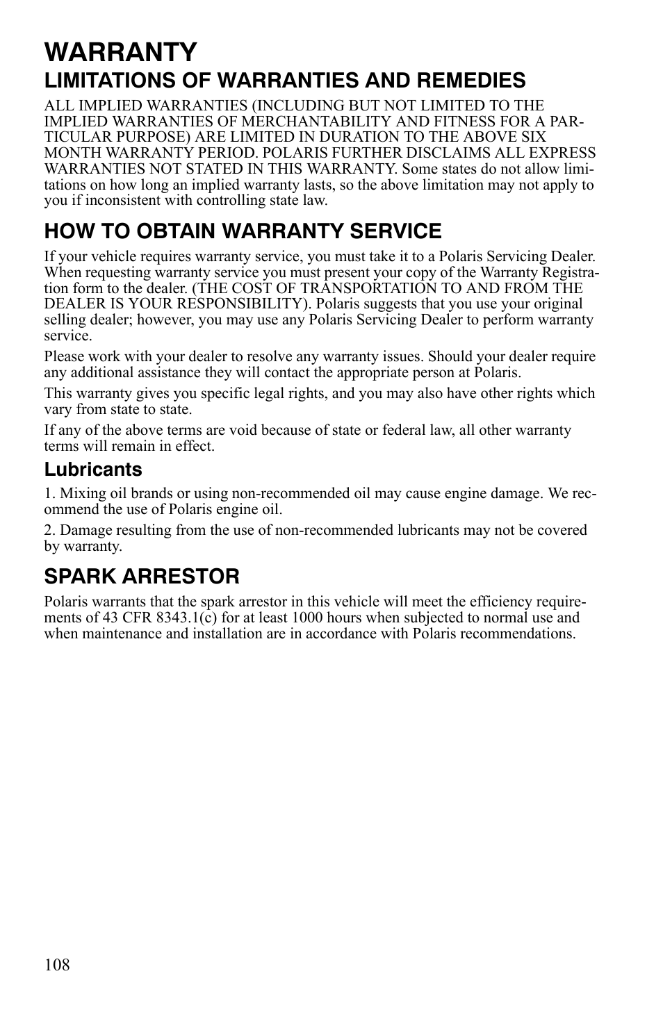 Warranty, Limitations of warranties and remedies, How to obtain warranty service | Spark arrestor | Polaris 4X4 500 EFI User Manual | Page 111 / 124