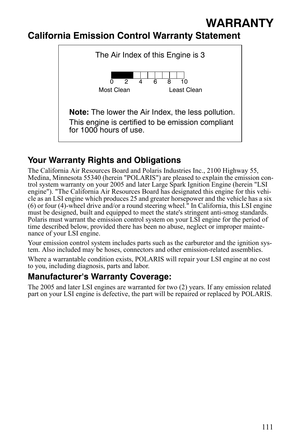 Warranty, California emission control warranty statement, Your warranty rights and obligations | Manufacturer's warranty coverage | Polaris 4X4 500 EFI User Manual | Page 114 / 124