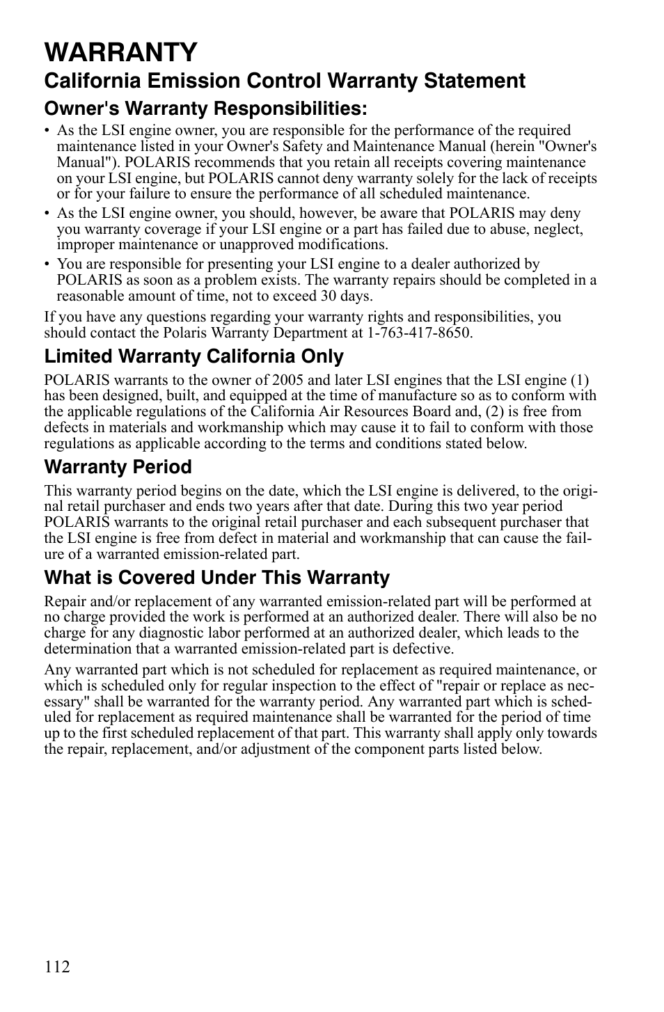 Warranty, California emission control warranty statement, Owner's warranty responsibilities | Limited warranty california only, Warranty period, What is covered under this warranty | Polaris 4X4 500 EFI User Manual | Page 115 / 124