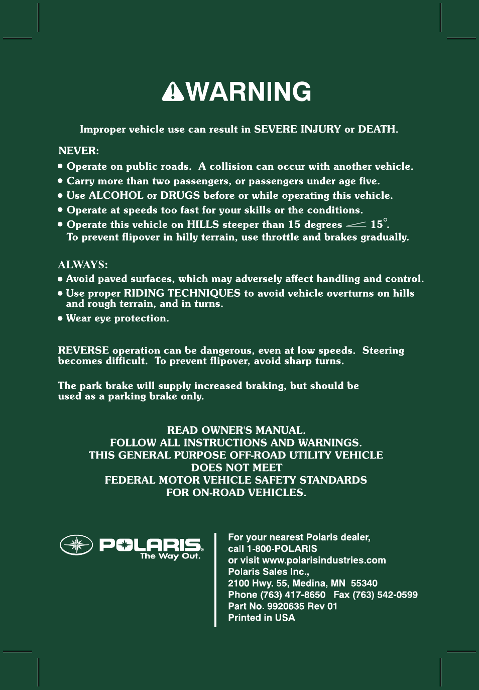 Polaris 4X4 500 EFI User Manual | Page 2 / 124