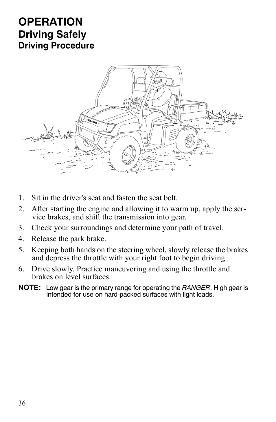 Operation, Driving safely | Polaris 4X4 500 EFI User Manual | Page 39 / 124