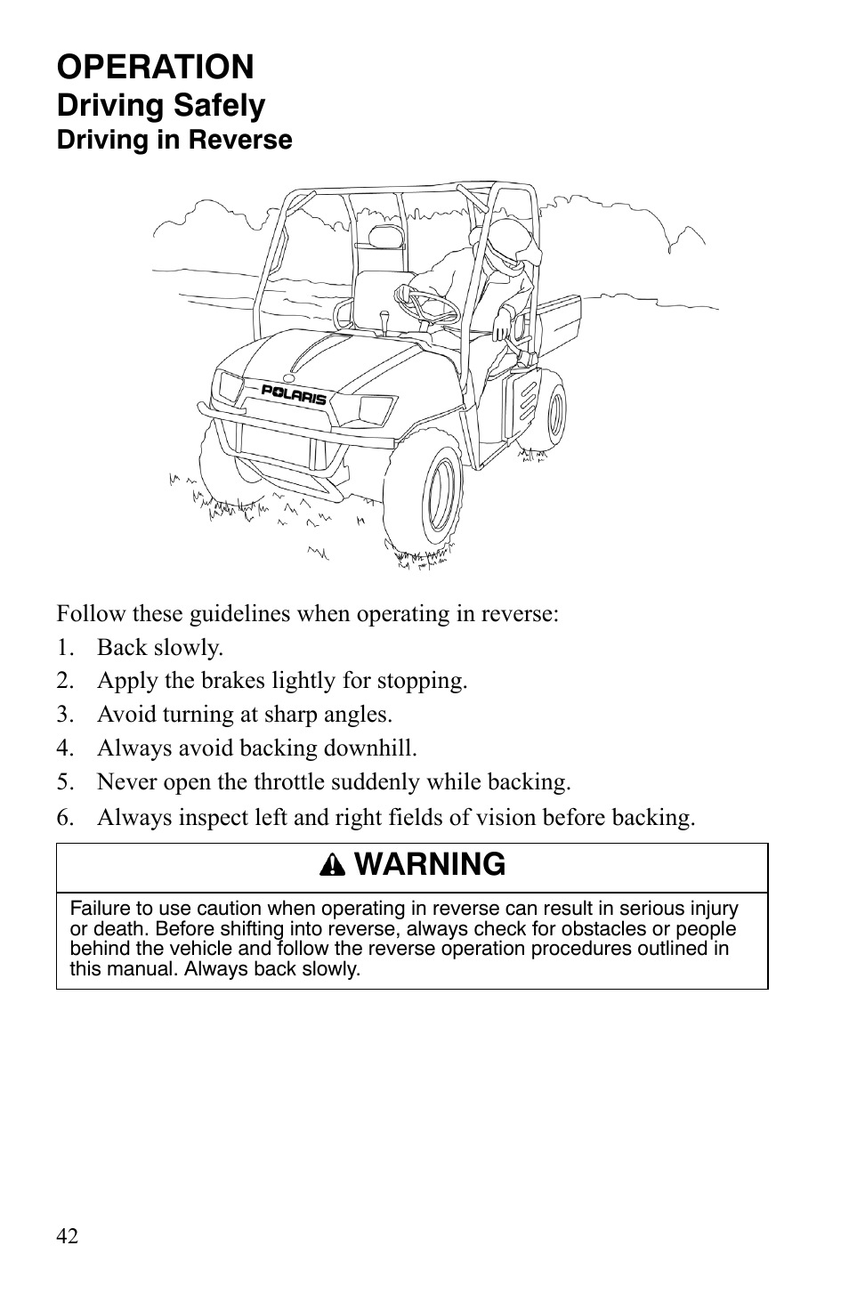 Operation, Driving safely, Warning | Polaris 4X4 500 EFI User Manual | Page 45 / 124