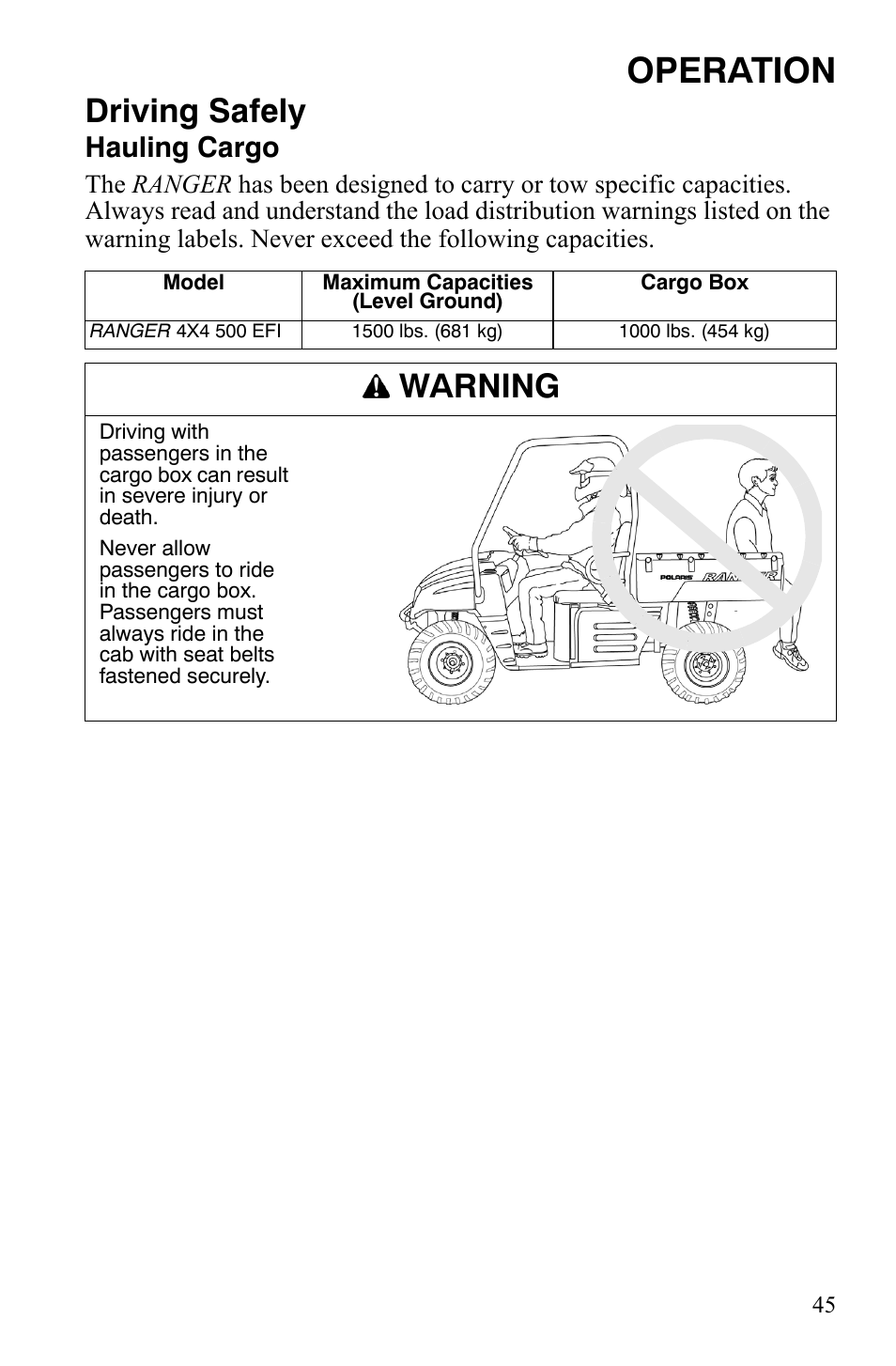 Operation, Driving safely, Warning | Hauling cargo | Polaris 4X4 500 EFI User Manual | Page 48 / 124