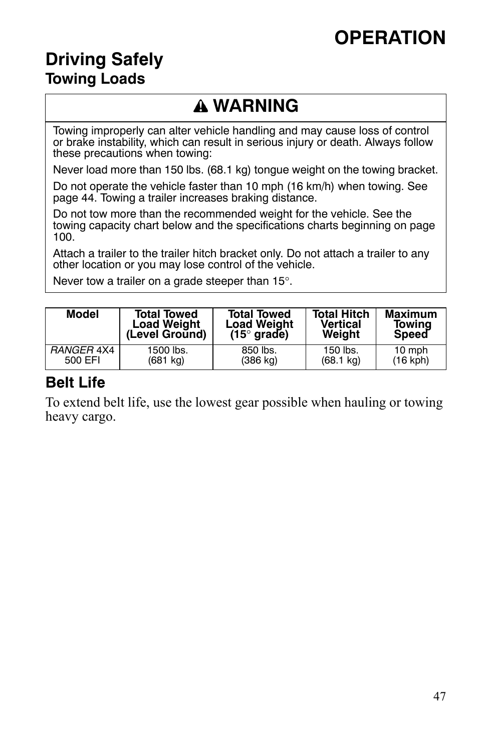 Operation, Driving safely, Warning | Towing loads belt life | Polaris 4X4 500 EFI User Manual | Page 50 / 124