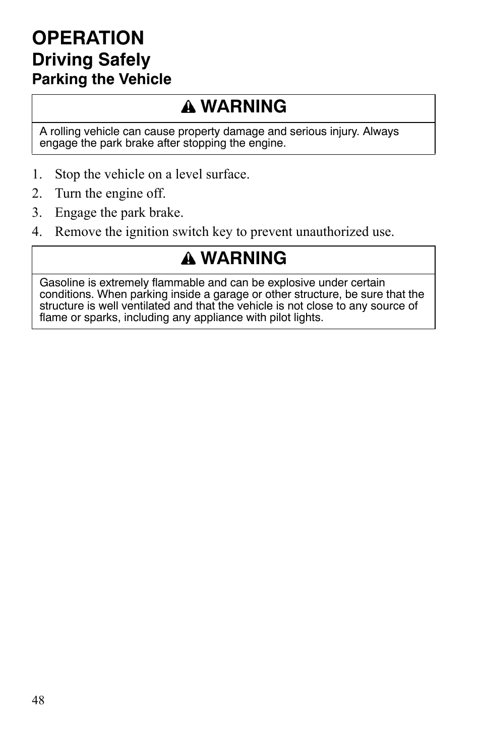 Operation, Driving safely, Warning | Polaris 4X4 500 EFI User Manual | Page 51 / 124
