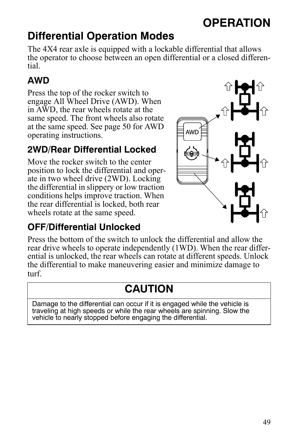 Operation, Differential operation modes, Caution | Polaris 4X4 500 EFI User Manual | Page 52 / 124