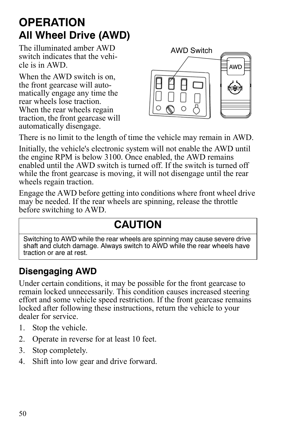 Operation, All wheel drive (awd), Caution | Polaris 4X4 500 EFI User Manual | Page 53 / 124