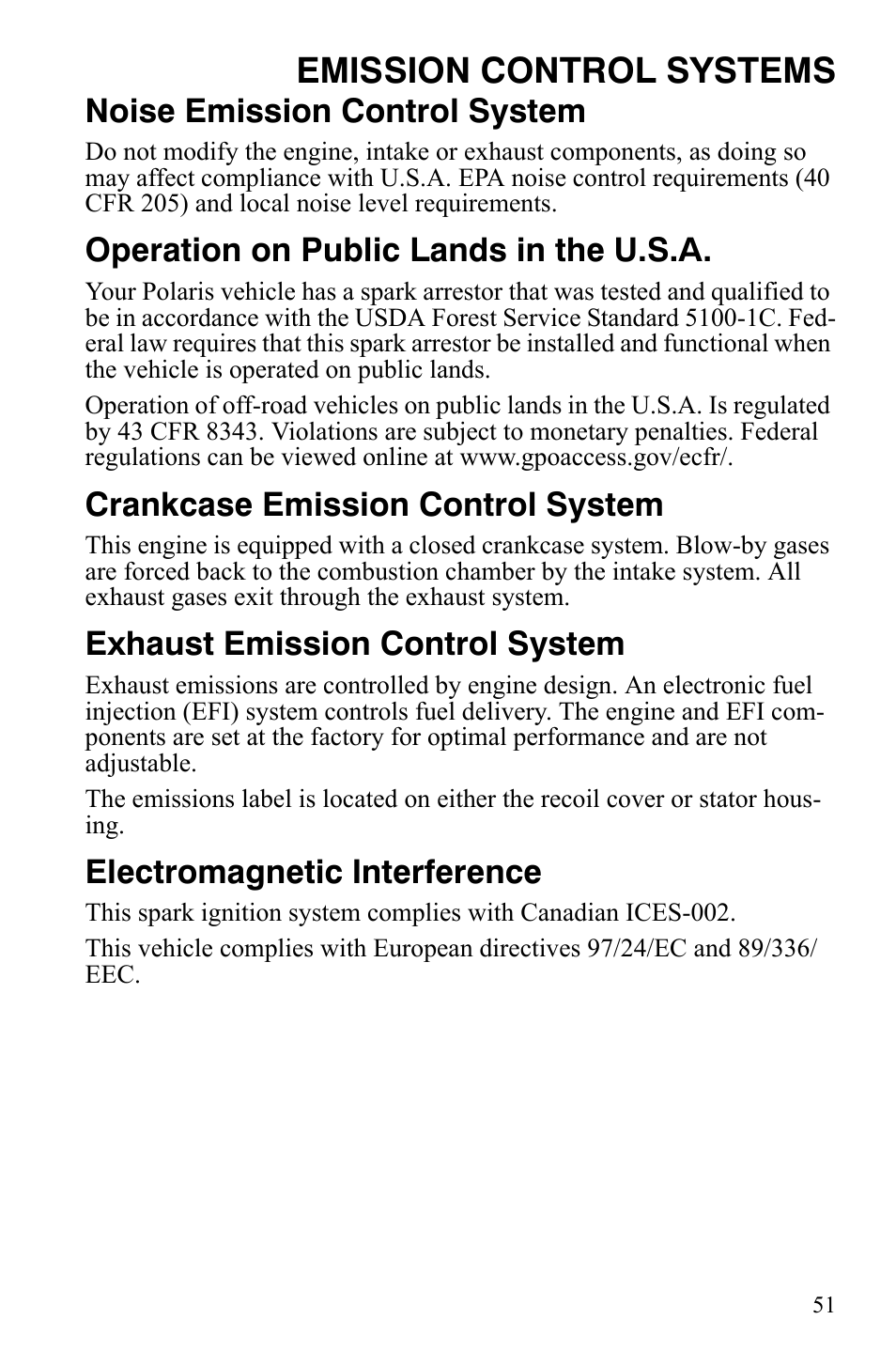 Emission control systems, Noise emission control system, Operation on public lands in the u.s.a | Crankcase emission control system, Exhaust emission control system, Electromagnetic interference | Polaris 4X4 500 EFI User Manual | Page 54 / 124