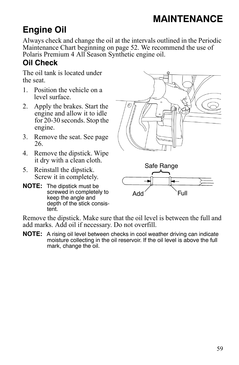 Maintenance, Engine oil | Polaris 4X4 500 EFI User Manual | Page 62 / 124