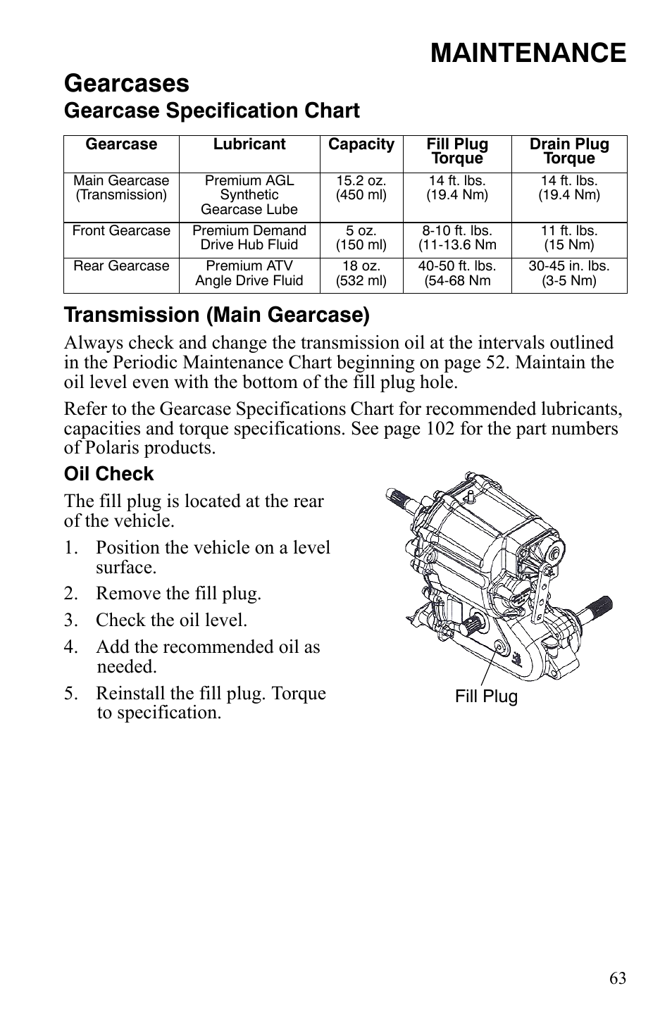 Maintenance, Gearcases | Polaris 4X4 500 EFI User Manual | Page 66 / 124