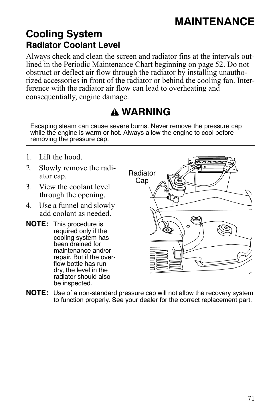 Maintenance, Cooling system, Warning | Radiator coolant level | Polaris 4X4 500 EFI User Manual | Page 74 / 124