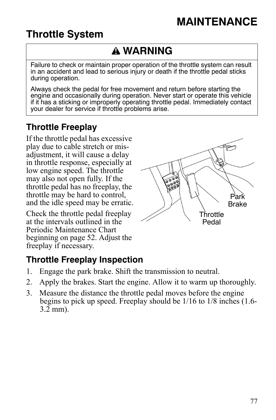Maintenance, Throttle system, Warning | Polaris 4X4 500 EFI User Manual | Page 80 / 124