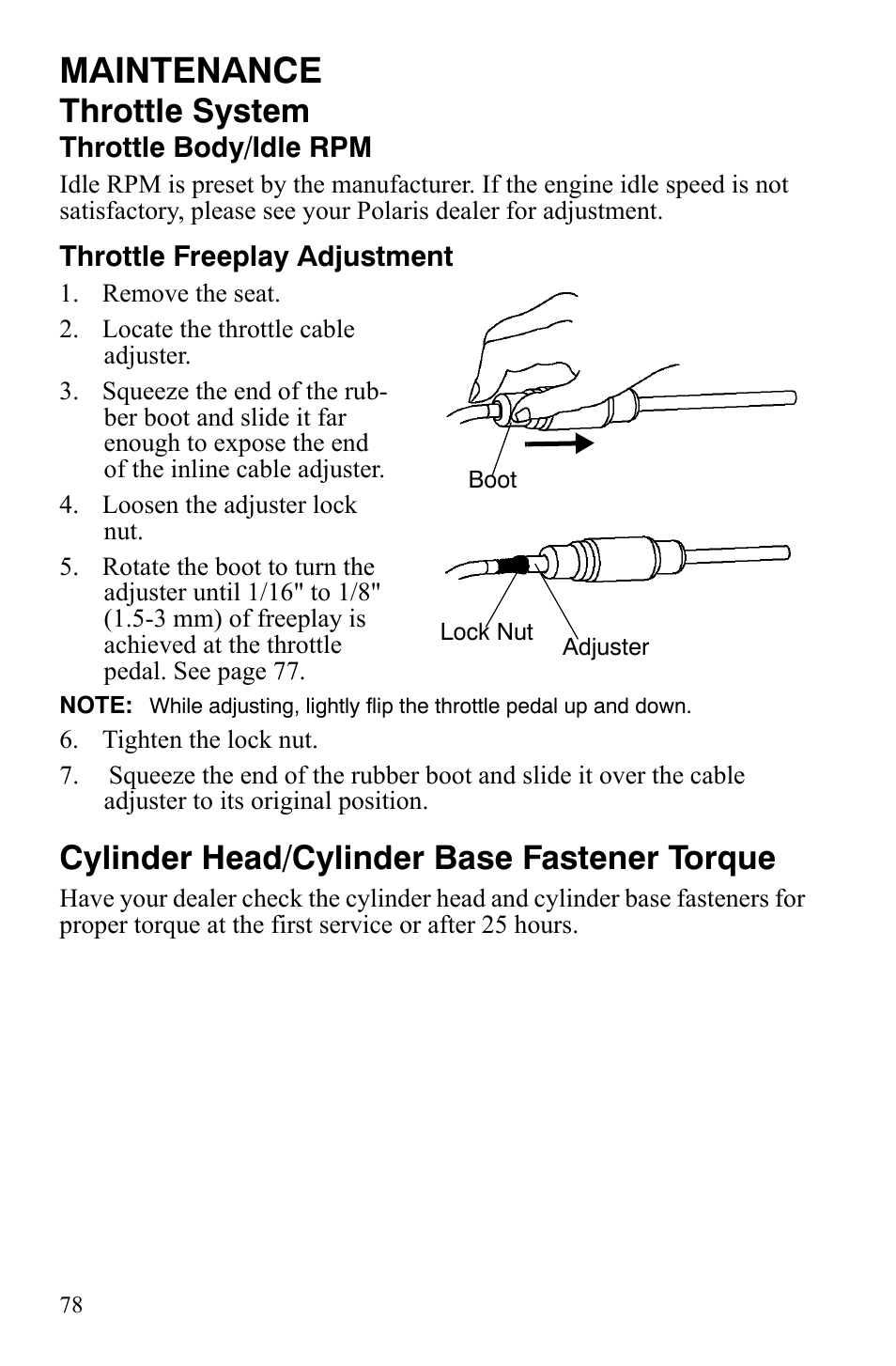 Maintenance, Throttle system, Cylinder head/cylinder base fastener torque | Polaris 4X4 500 EFI User Manual | Page 81 / 124