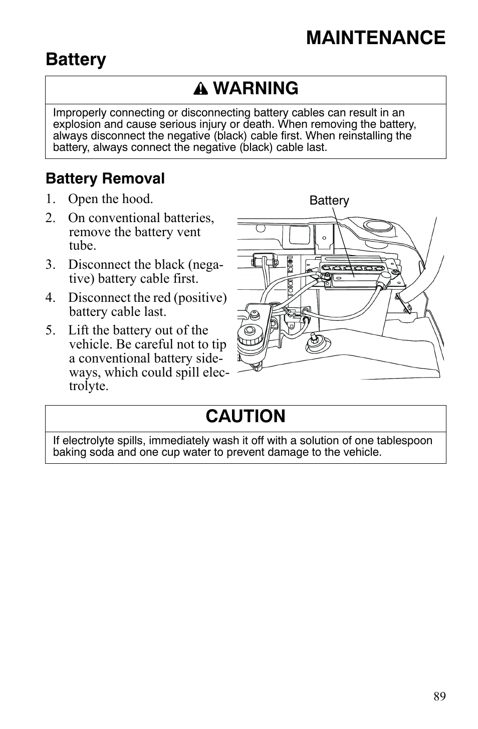 Maintenance, Battery, Warning | Caution | Polaris 4X4 500 EFI User Manual | Page 92 / 124