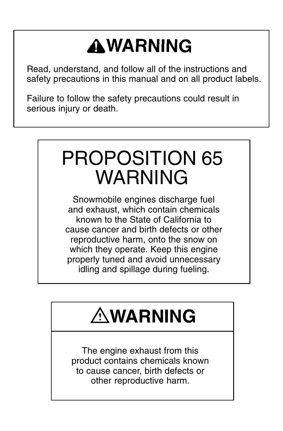 Proposition 65 warning, Warning | Polaris 120 XC SP User Manual | Page 2 / 98