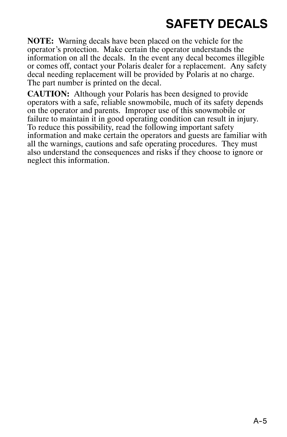 Safety decals | Polaris 120 XC SP User Manual | Page 24 / 98