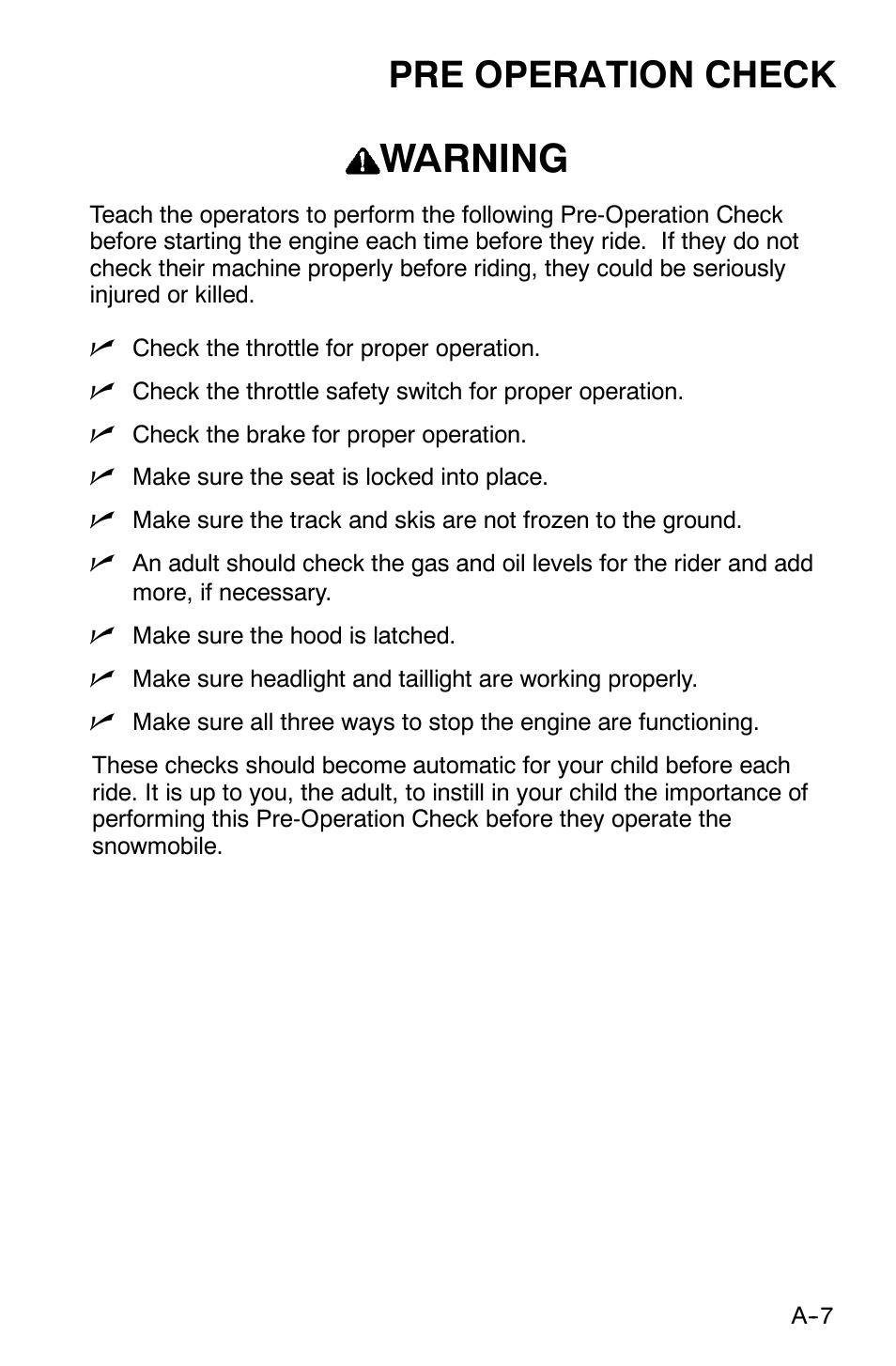 Warning, Pre operation check | Polaris 120 XC SP User Manual | Page 26 / 98