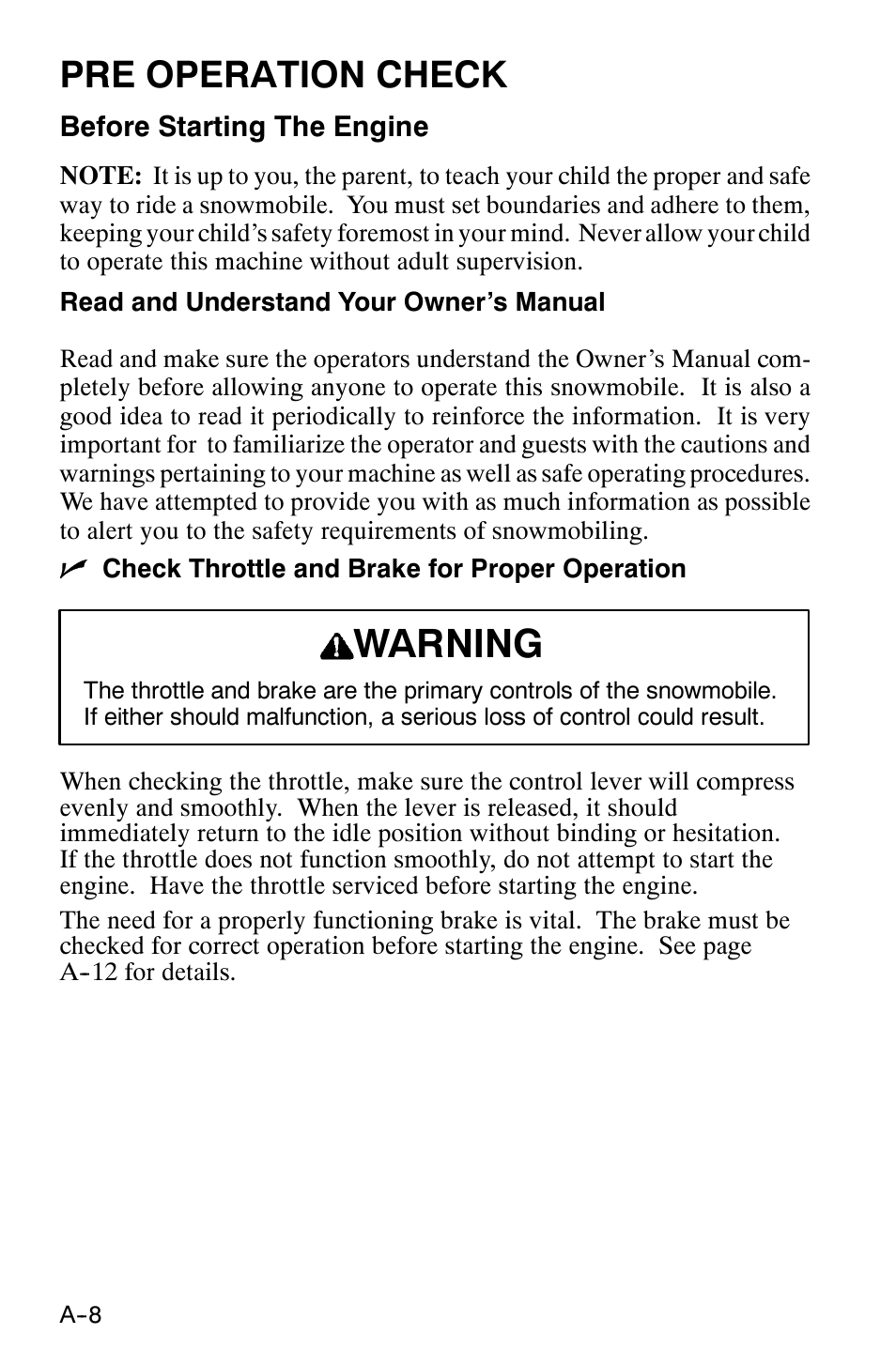 Warning, Pre operation check | Polaris 120 XC SP User Manual | Page 27 / 98